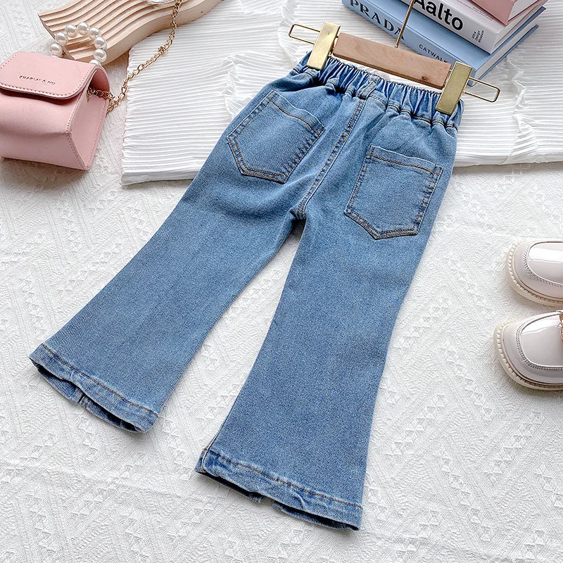 Fashion Kids Girl Flare Jeans Elastic Waist Slim Split Denim Pants Spring Autumn Girls Casual Blue Jean Trousers