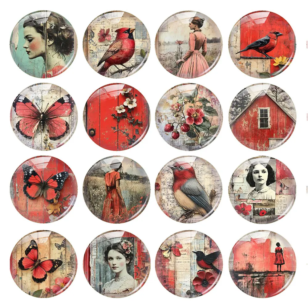 Random Mixed Round/Oval/Square Red-toned Rural Bird Butterflies Photo Glass Cabochon Flatback Demo Cameo For Diy Jewelry Making