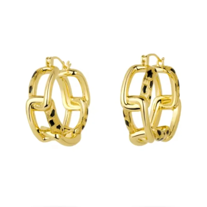 BELLUX 925 Silver Gold Plated Synthetic Zircon Black Enamel Hollow out Leopard Print Earrings for Women