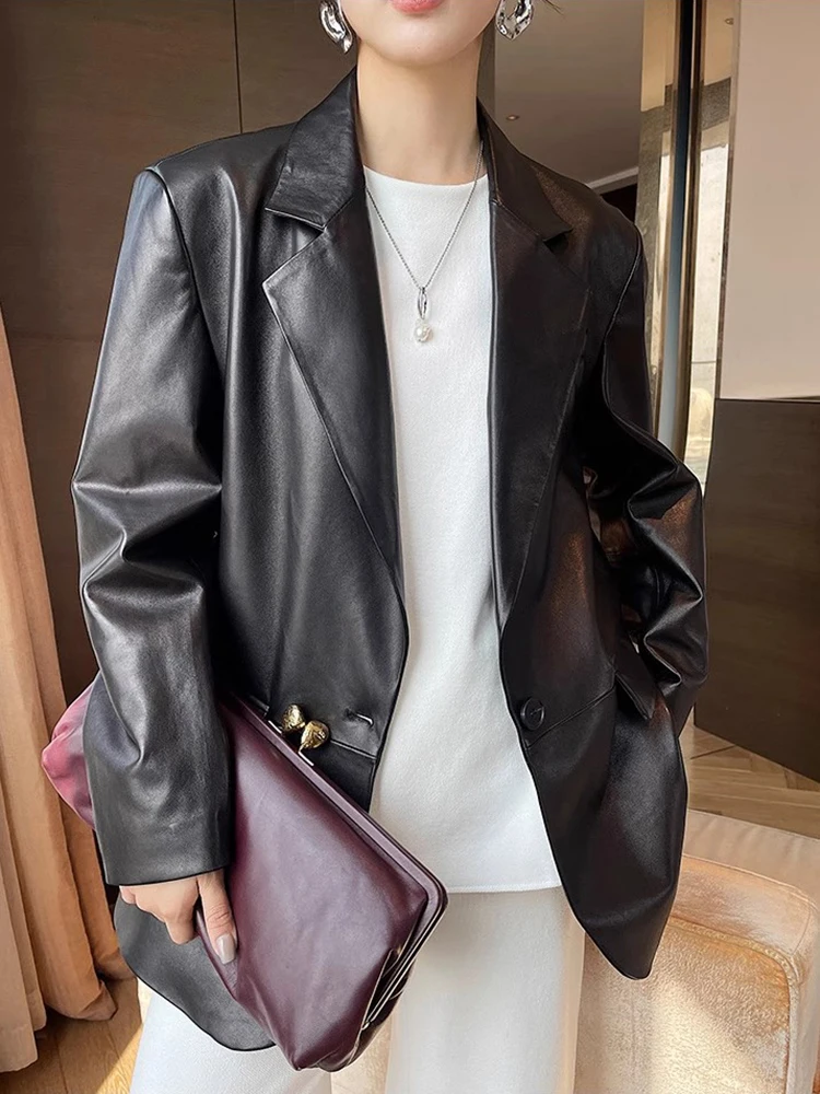 

Casual Black Genuine Leather Blazer Jackets for Women Spring Autumn 2026 New High-end Simple Soft Slim Real Sheepskin Coat