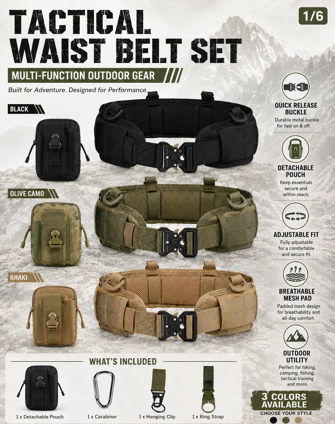 Taktischer Hüftgurt mit abnehmbarer Tasche und Schnellverschluss-Schnalle, Outdoor-Ausrüstung für Wanderungen, Camping, Angeln und militärische Übungen. – Detail 1