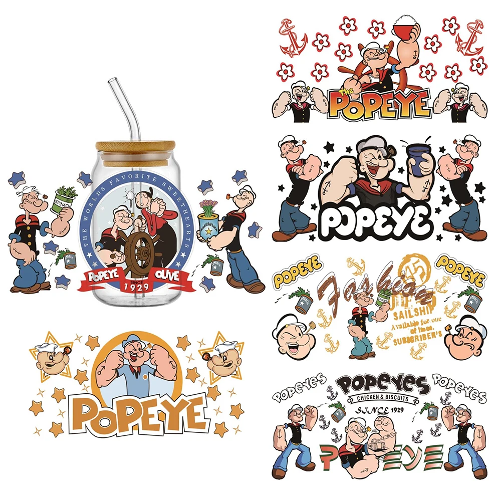 Miniso Cartoon Popeye UV DTF Cup Wrap For 16oz Libbey Coffee Glass Can Cup uvdtf Wrap Car Sticker Easy peel DIY Wholesale