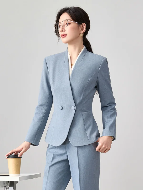 Gray Blue Suit Set Women's Professional Interview Commute Workwear Formal Polyester Fiber Casual Business Daily Dress