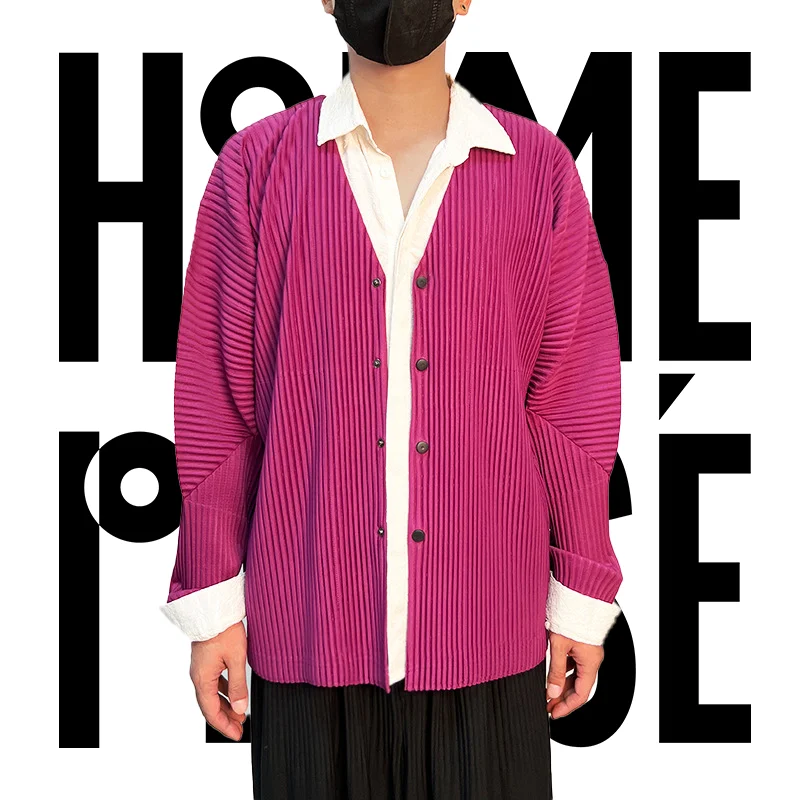 

Pleats Spring Men's Pleated Sweatshirt Cardigan Jacket 2024 Fabric Pleated Vertical Stripes V-Neck Korean Mens Tops