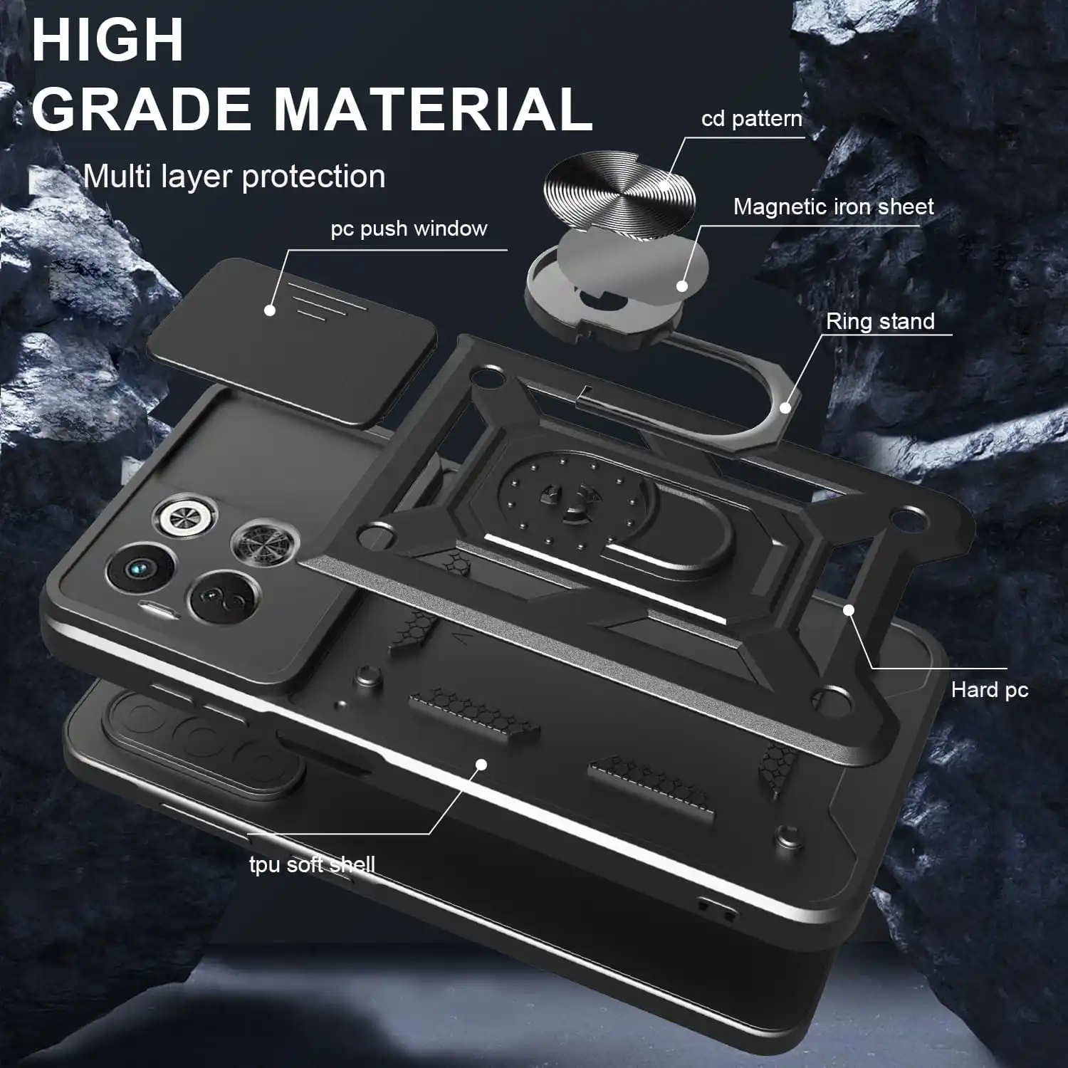 테크노 스파크 30 5G 슬라이드 카메라 보호 스탠드 폰 케이스, 스파크 30 Pro 30C 4G 20C 커버용