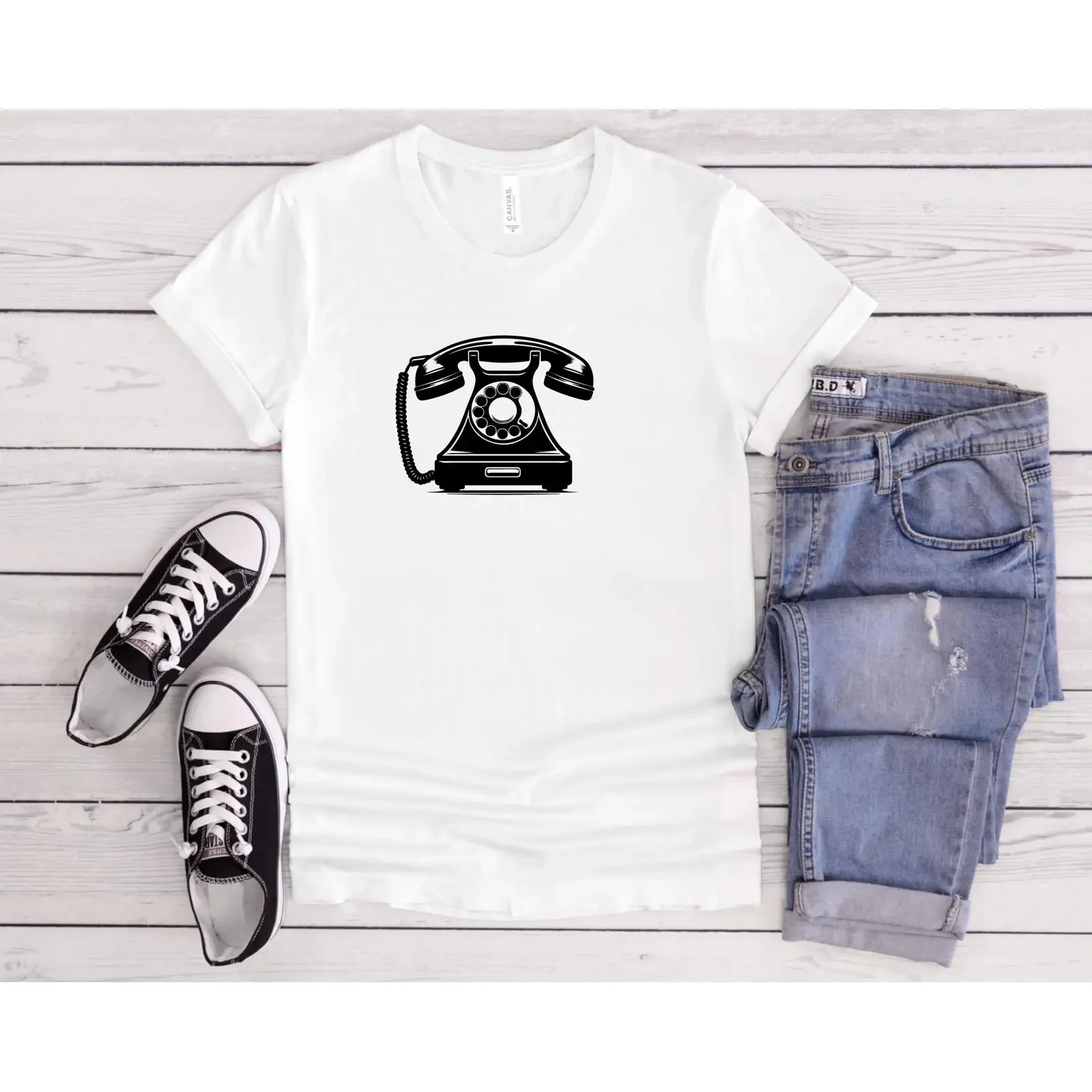 Retro-T-Shirt mit Drehtelefon-Motiv, Vintage-Konturzeichnung, Vintage-Waschung, Streetwear, leicht dehnbar, Designerkleidung, atmungsaktiv