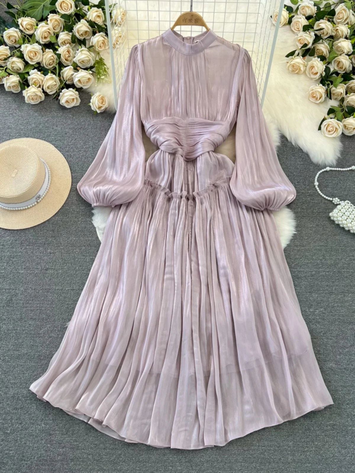 Elegant Long Sleeve Midi Party Dresses Women Summer Autumn Bright Faux Silk Retro Solid Evening Party Vestidos