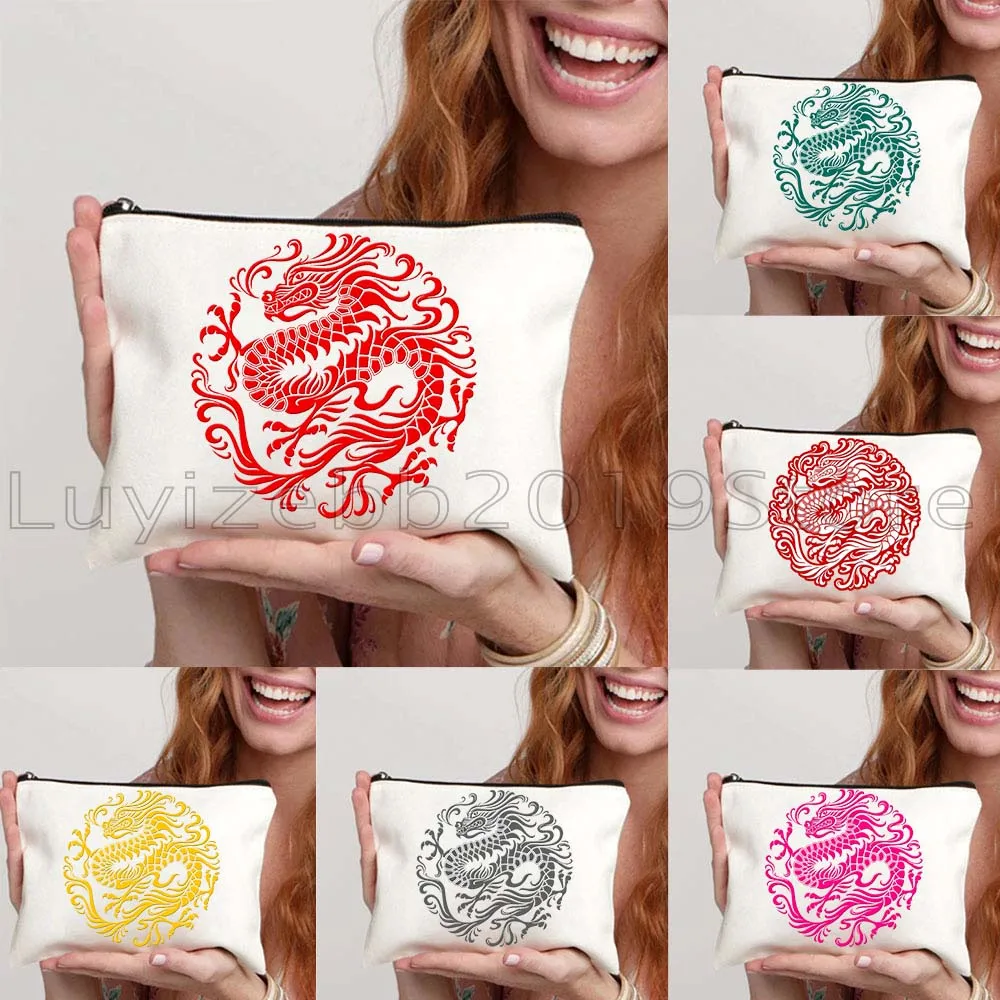

Traditional Red Blue Yellow Pink Chinese Dragon Circle Cute Gifts Canvas Cosmetic Storage Makeup Toilet Bag Pencil Case Pouch