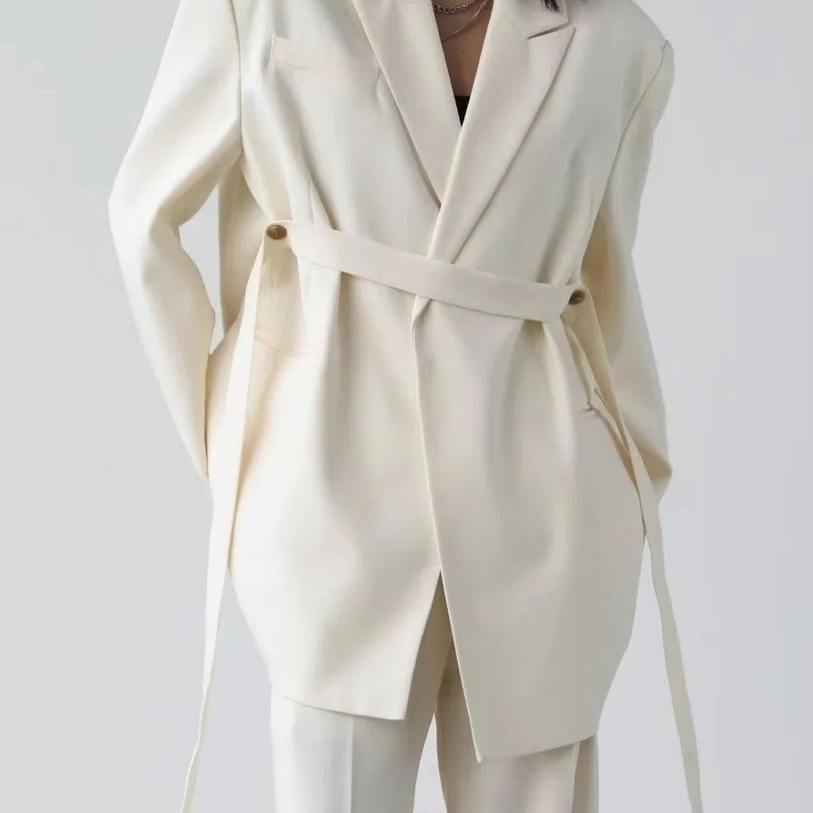 High Quality Two Piece Suit Pant Set White Long Sleeve Loose and Casual Blazer Jacket Medium Length With Wide Leg Pants