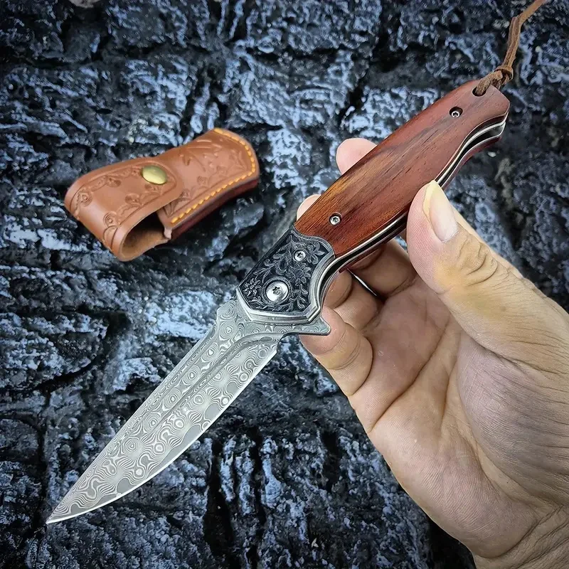 High Hardness Folding Knife Damascus Steel Blade Rosewood Handle Pocket Knife Outdoor EDC Survival Hunting Camping Hiking Tool