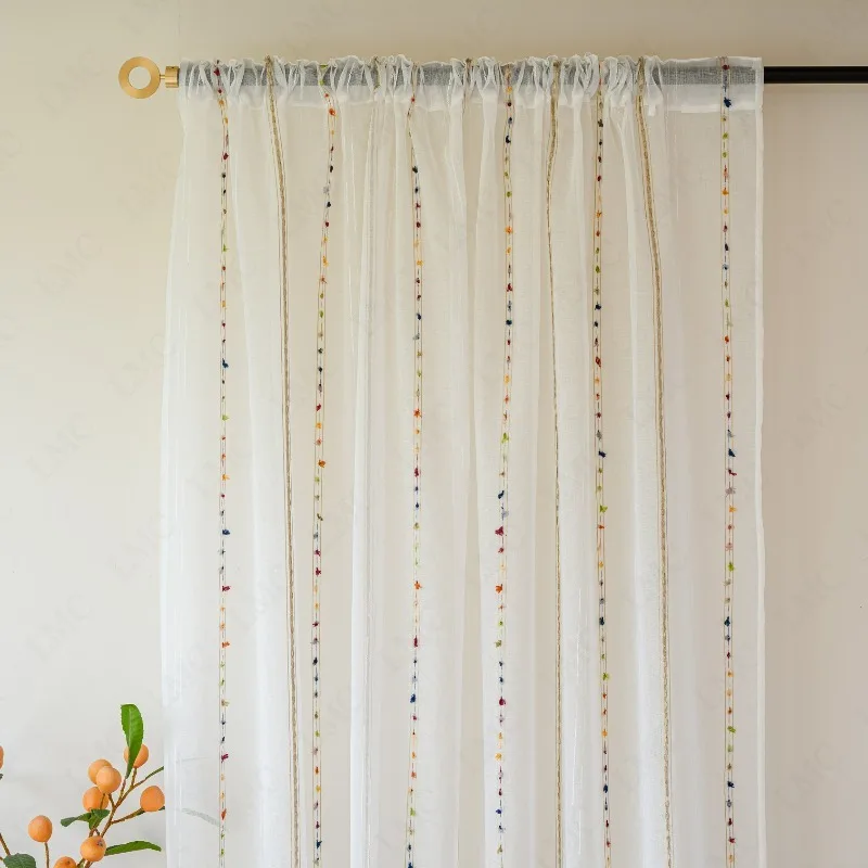 

Красочные меховые шарики в полоску с вышивкой, прозрачная занавеска для детской комнаты, гостиной, пыленепроницаемая прозрачная вуаль, тюль, оконные жалюзи, декор