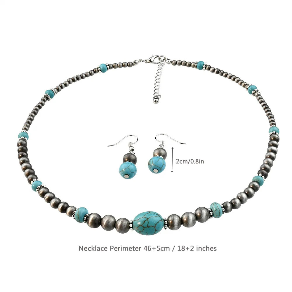 2PCS Vintage Round Beads Inlaid Turquoise Necklace Earring Set Women\'s Fashionable Personalized Handmade Jewelry