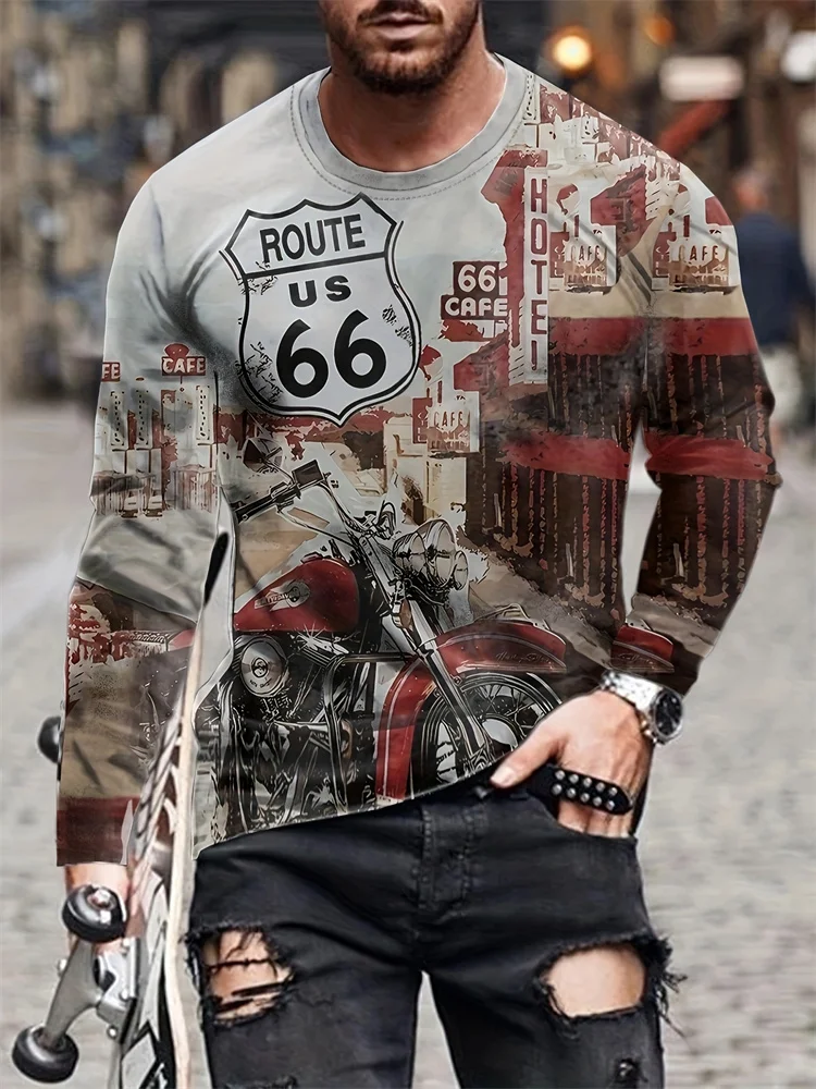 Route 66 Men\'s Long Sleeve T-shirt Fall Street Fashion Men\'s Long Sleeve T-shirt Everyday Casual Men\'s Long Sleeve Top 3D Print