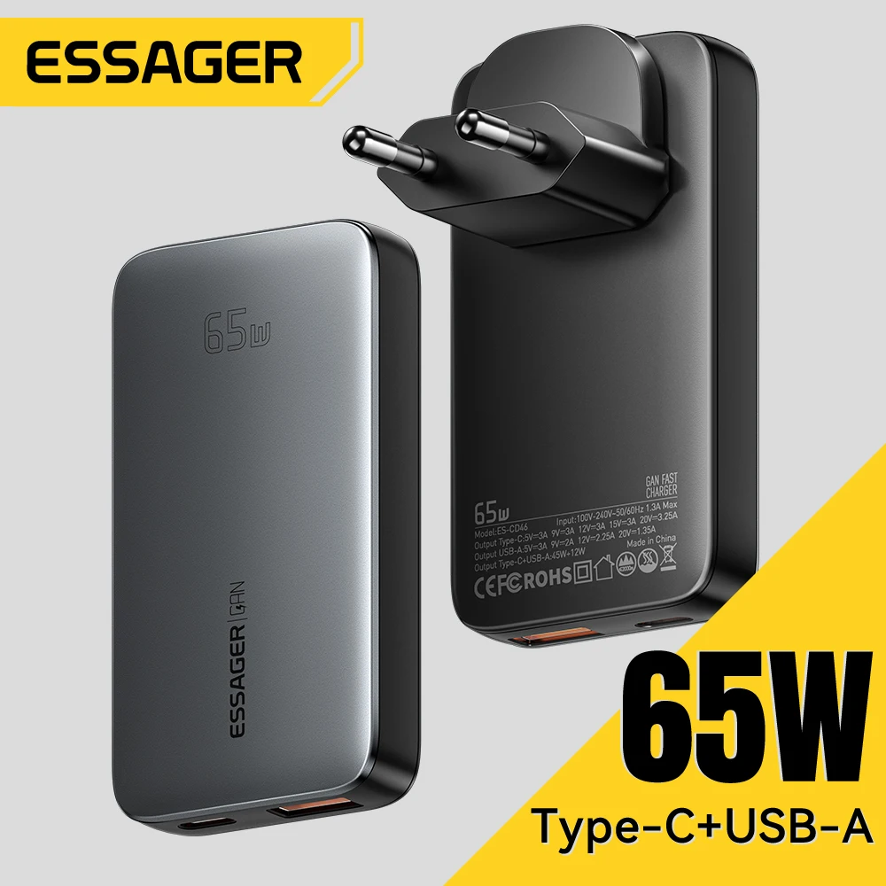 Essager 65W GaN Charger USB Type C Quick Charge 3.0 Fast Charger for iPhone 15 14 Xiaomi Samsung ipad Macbook Tablet PD Charger