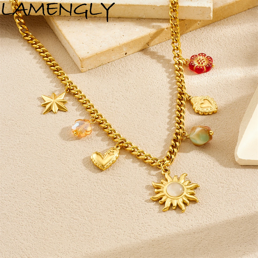 

LAMENGLY 316L Stainless Steel Fun Multiple Charm Star Flower Heart Opal Inlay Sun Pendant Necklace Women New Trend Neck Chain