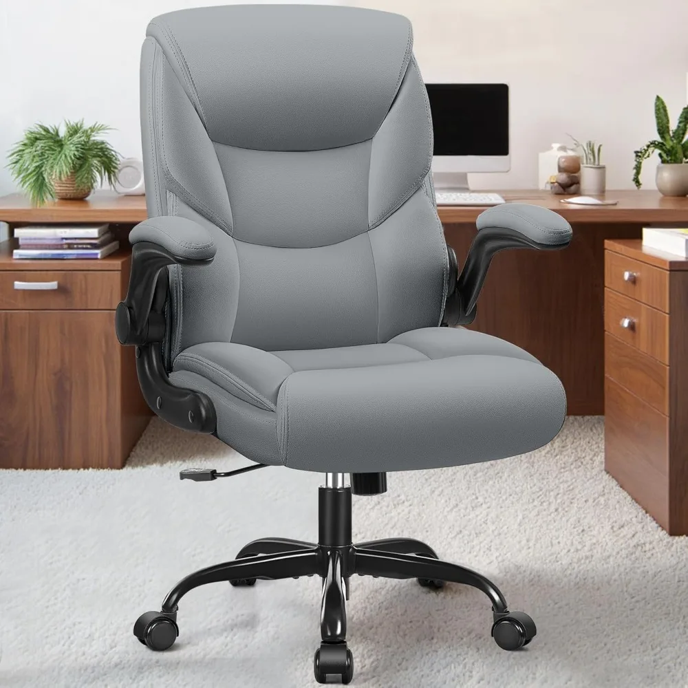 

Leather Office Chair, Small PU Ergonomic Desk Chair, Comfy Computer Chair with Wheels and Flip-up Armrests.