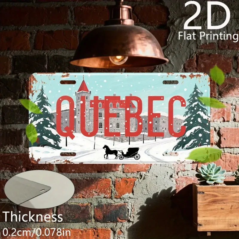 مسطح ثنائي الأبعاد، قطعة واحدة من لوحة ترخيص عتيقة بطابع كيبيك - مشهد شتوي ريترو كيبيك مع حروف كوبيك حمراء جريئة #1