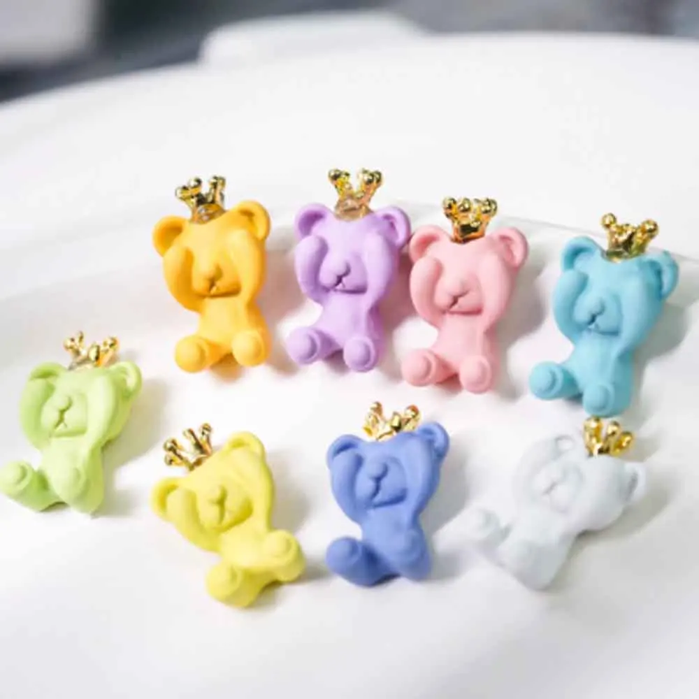 10pcs 3D Kawaii Bear Nail Art Charm 3D Resin Macaron Candy Color Crown Bear Nail Decoration DIY Cute Design Nail Accessories