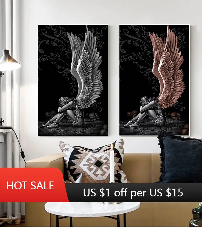 

Devil and Angel Painting Gray Character Wings Skull Posters and Prints on Canvas Home Decor Painting Living Room Poster Painting