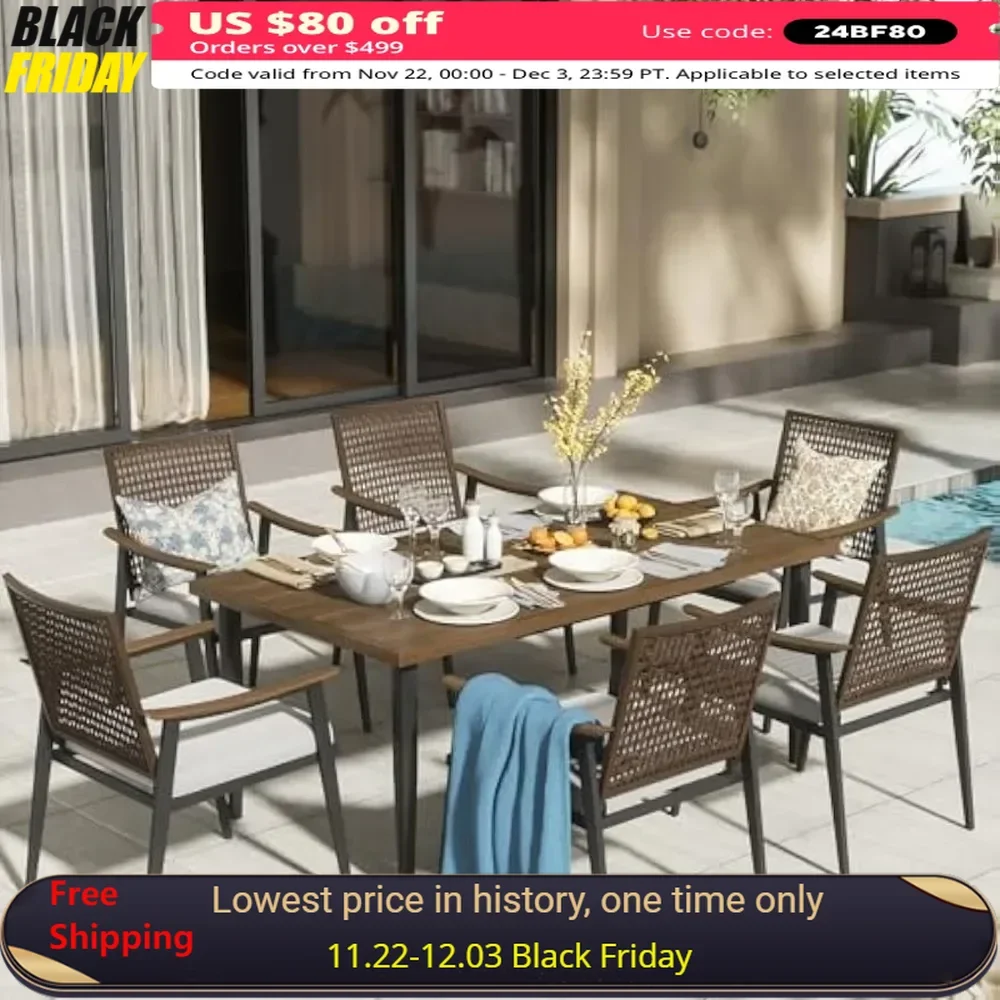 7Piece Patio Dining Table Sets,6 Rattan Wicker Chairs and 70” Large Dining Table with 1.65'' Umbrella Hole,Outdoor Furniture Set