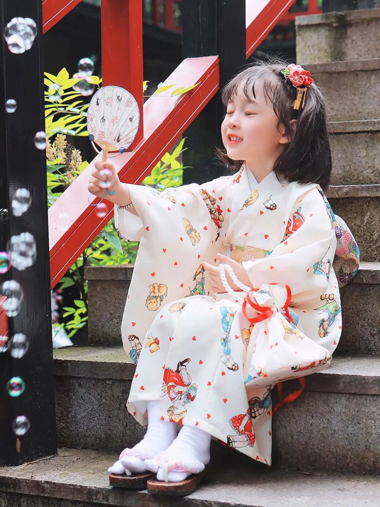 

Japan Style Girl's Traditional Kimono Floral Prints Children Summer Dress Kid's Stage Performing Wear Japan Yukata