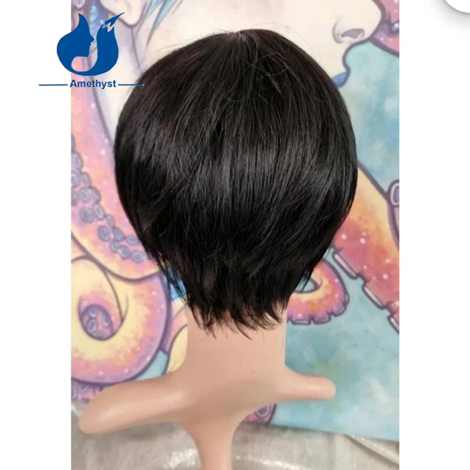 Ametista em linha reta curto pixie corte peruca de cabelo humano com franja completa máquina feita peruca remy cabelo brasileiro pré-estilizado