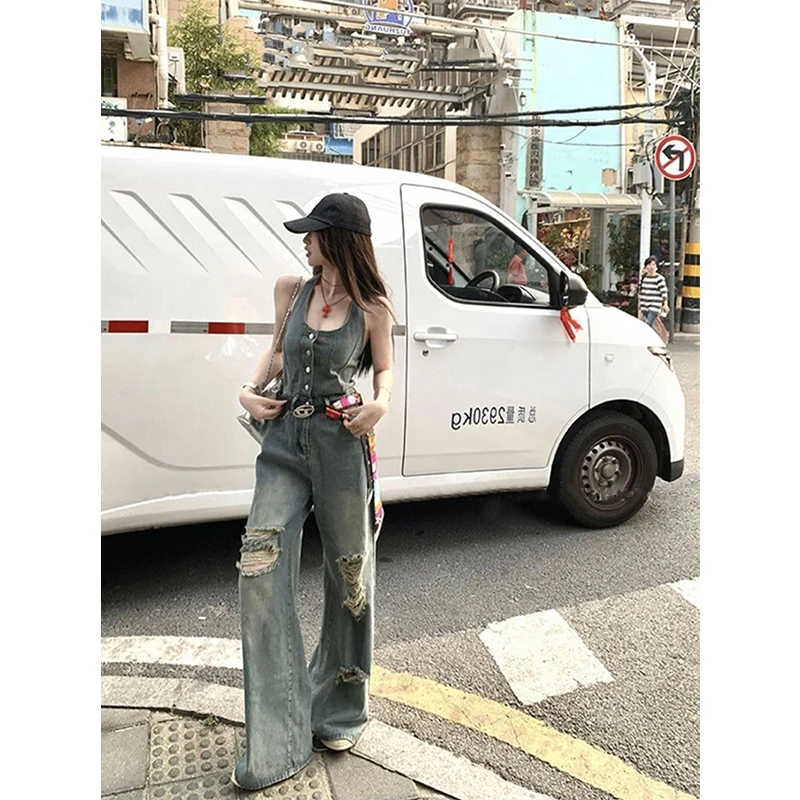 

MEXZT Y2K Ripped Denim Jumpsuits Women Streetwear Sexy Halter Overalls Fashion Wide Leg Suspender Pants Baggy Straight Jeans New