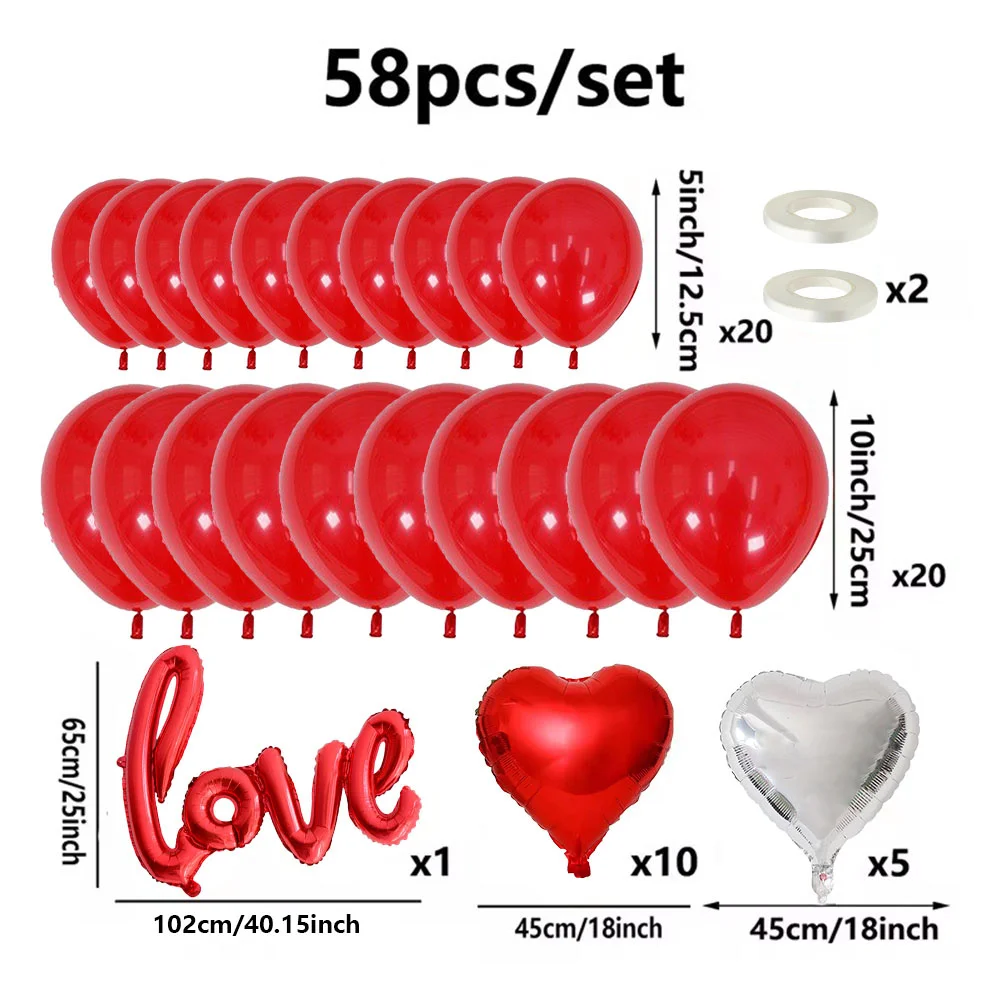 58pcs/set Valentine's Day Silver Red Love Aluminum Film Balloon Set Valentine's Day Wedding Decoration Bride Party Supplies