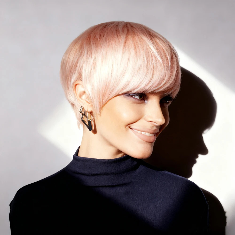 شعر مستعار بقص عابث، شعر بشري قصير وردي اللون مع غرة للنساء، قبعة مصنوعة آليًا، شعر ريمي برازيلي قصير، شعر بشري مفرود