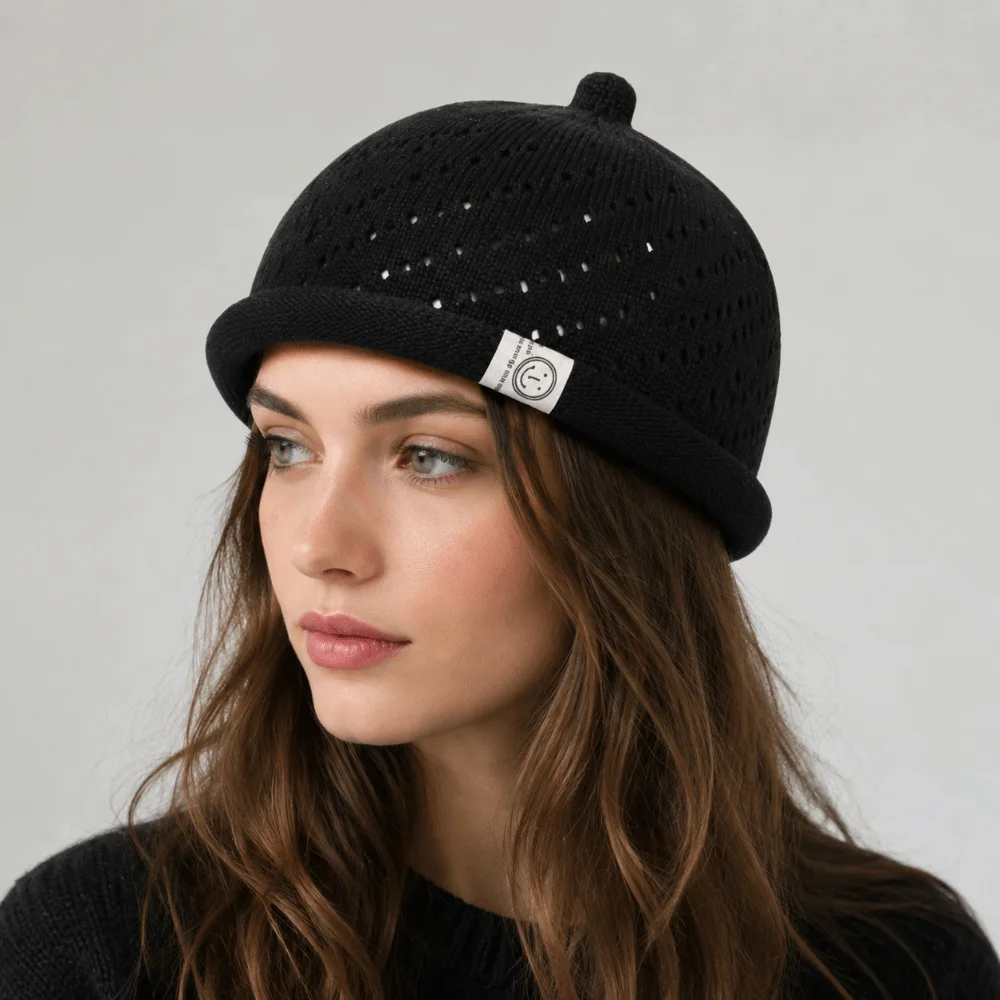 Fashion Mesh Beanie Hats Breathable Rolled Edge Knitted Hats Solid Color Outdoor Wear Bucket Hats All Season
