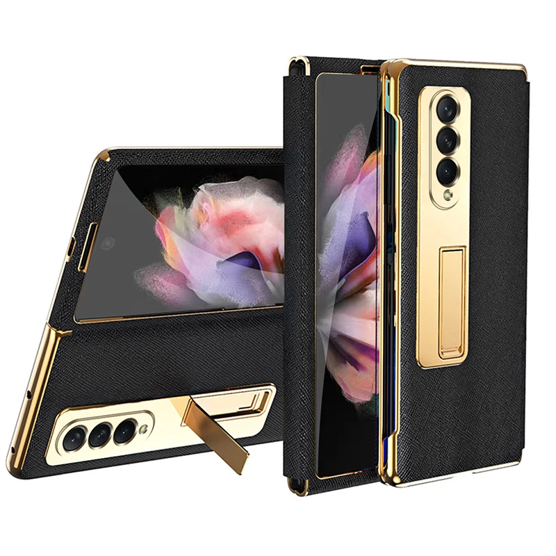 

Luxury Leather Case For Samsung Galaxy Z Fold 4 Fold 3 Fold 2 5G Plating Frame with Kickstand Front Cover Glass Protector Film