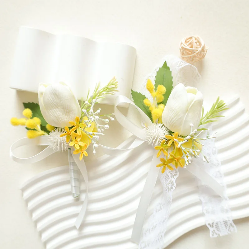 2pcs Set White Bohemian Rose Flower Corsage & Wristlet Set - Perfect for Brides, Groomsmen, and Wedding Decorations 2609