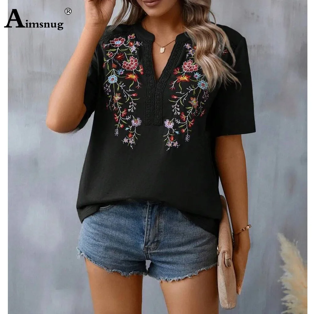 

Aimsnug Ladies Elegant Vintage Flower Printed Blouse Short Sleeve Women's Top Pullovers 2025 New Summer V-neck Shirts Clothing