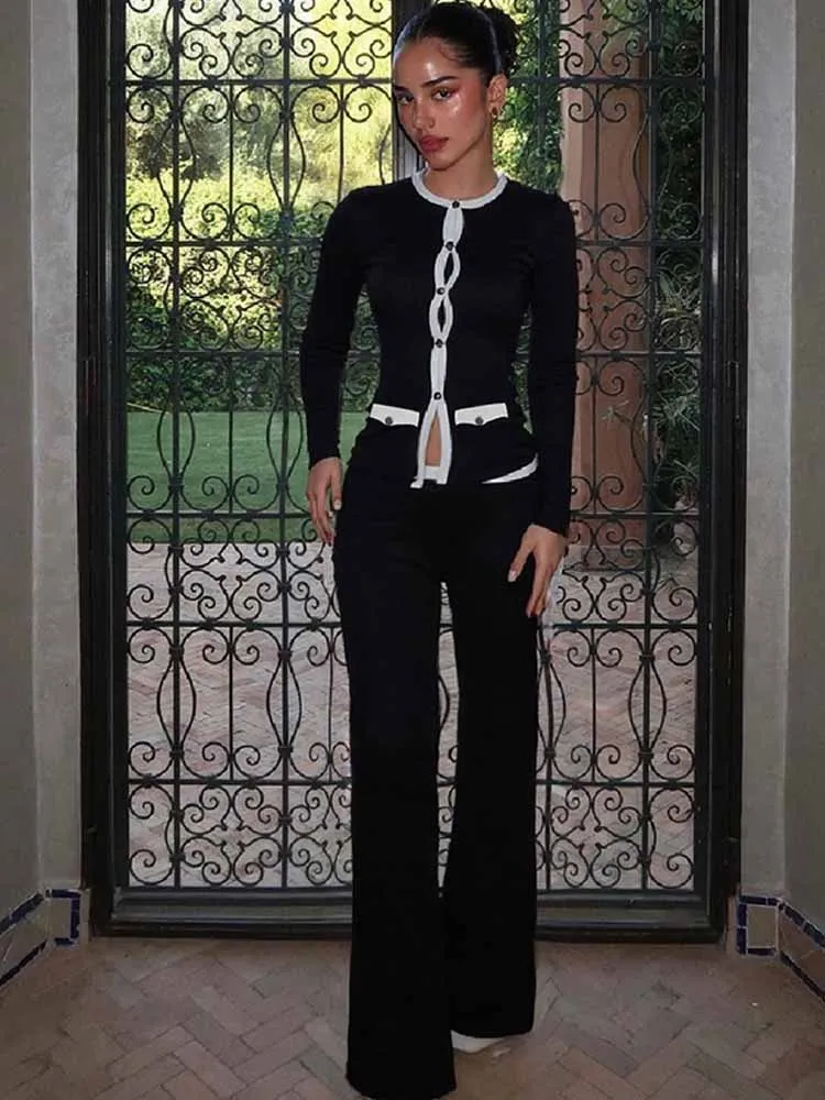 Mcdv moda retalhos 2 peça conjunto feminino manga longa único breasted cardigan topos calças queimadas casuais roupas diárias outono 2025