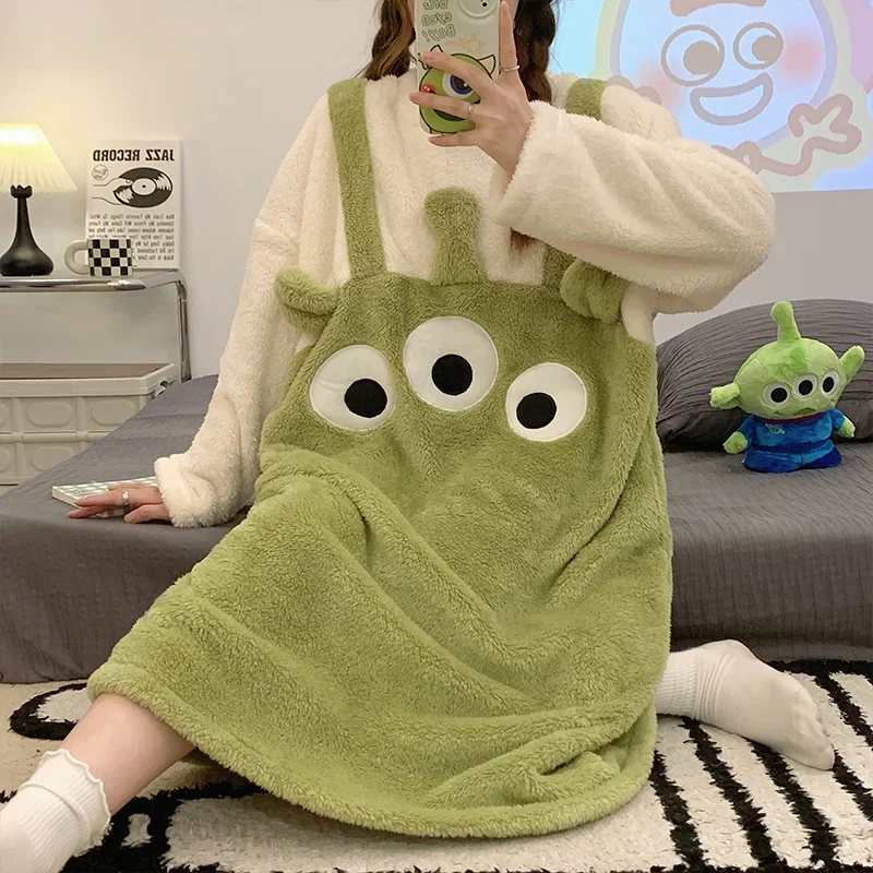 Cartoon three-eyed dress new plush round neck long-sleeved thermal nightdress Disney women's pajamas casual loungewear clothes