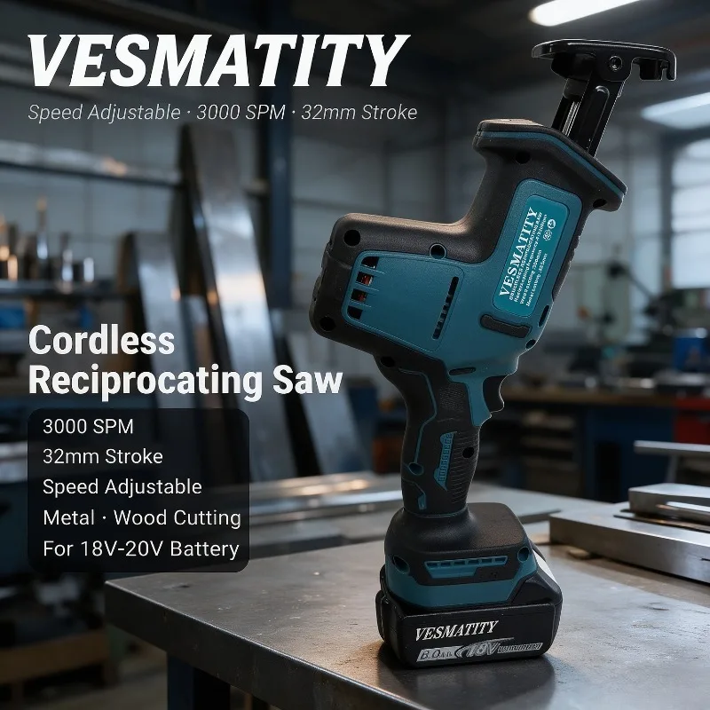 Reciprocating Saw Cordless Speed Adjustable 3000 SPM 32mm Stroke For Metal Wood Cutting Power Tool For 18V-20V Battery