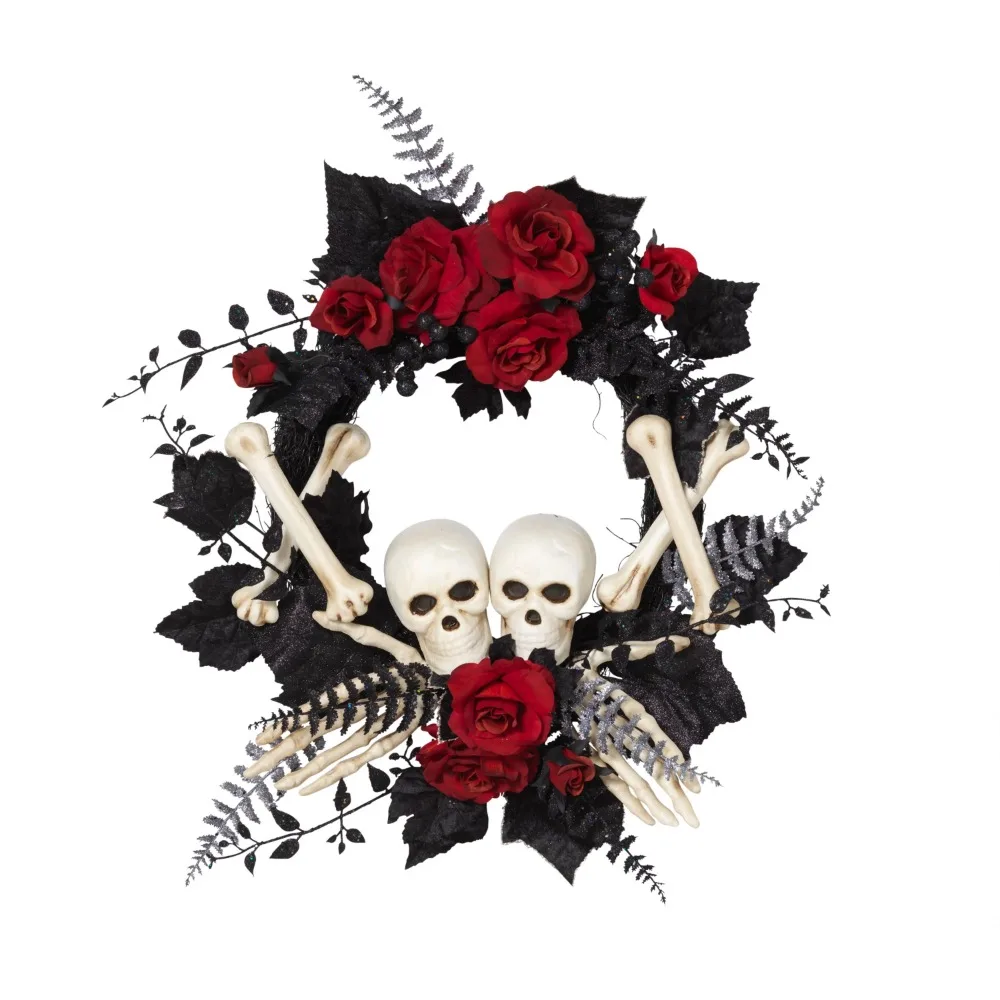 Decoration Halloween Decor 24-Inch Diameter Halloween Skeleton and Roses Wreath Christmas Decoration Liquidations Free Shipping