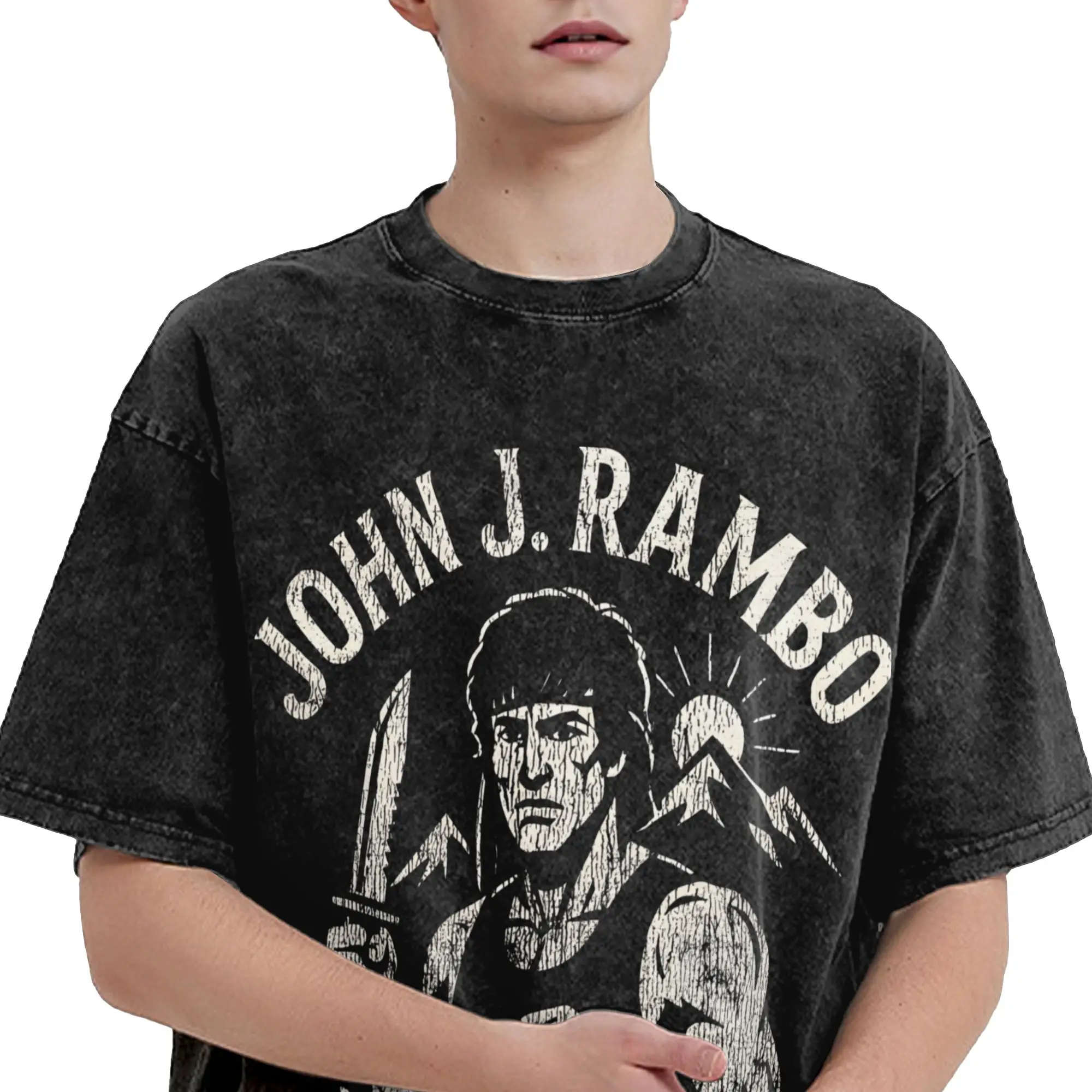 Harajuku Washed Shirt John Rambos Outfit Vintage T Shirt High Street  Streetwear Short Sleeve Graphic Tops Tees