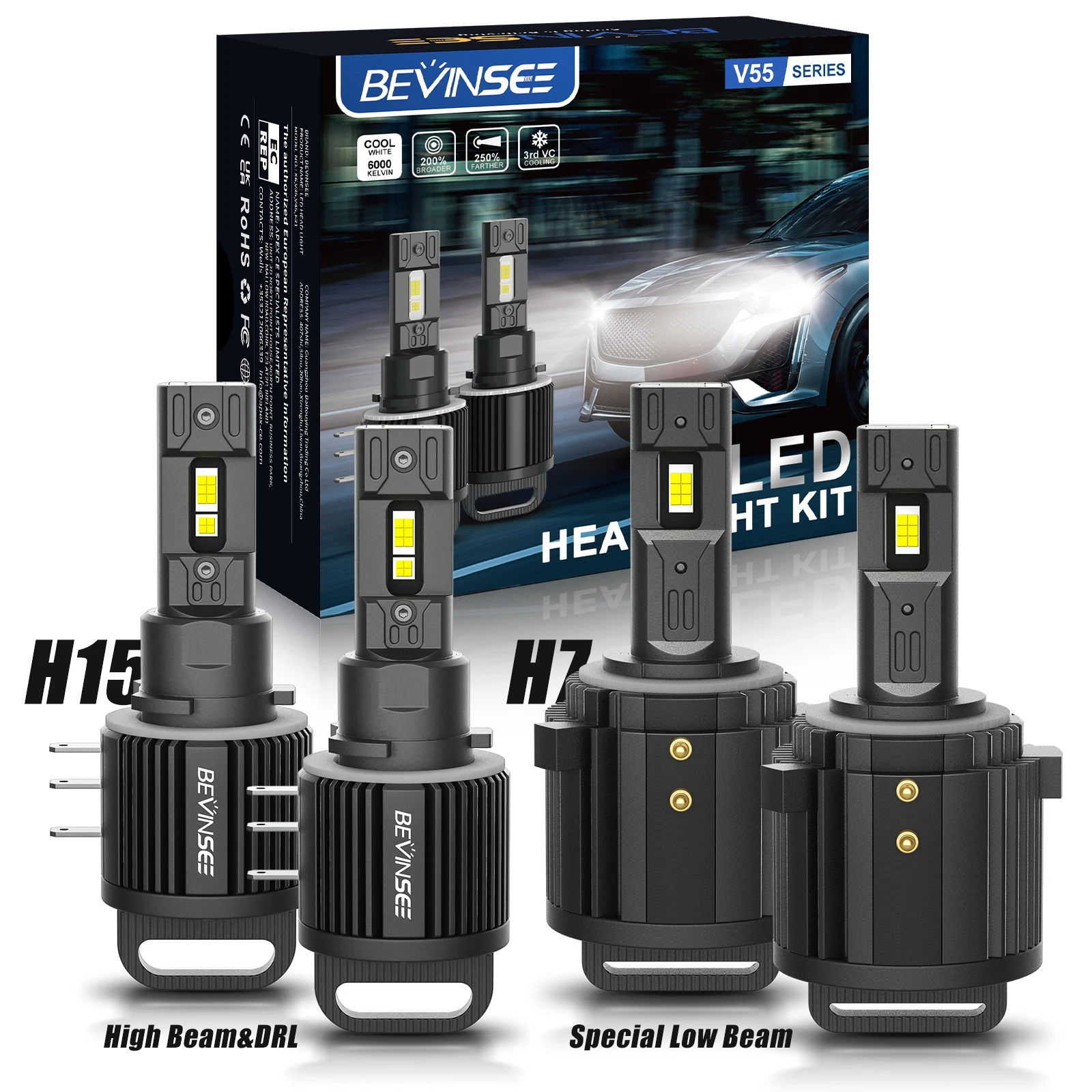 BEVINSEE For VW Golf MK7 MK6 LED H7 H15 Headlight Bulbs Kit High Beam+DRL 100W 10000LM Super Bright Plug&Play Headlamp 6000K 12V