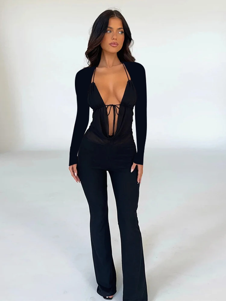 Avrilyaan Deep V Long Sleeves Autumn Winter Playsuits Rompers Women 2024 Black Bandage Holiday Casual Elegant Long Jumpsuits