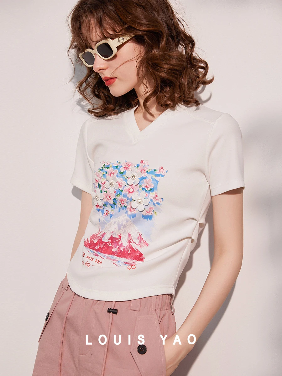 LOUIS YAO Women T-shirt 2024 Summer Print Flower Tee V Neck Short Sleeve Slim Fit Fashion Casual Basic Pullover Short  Top