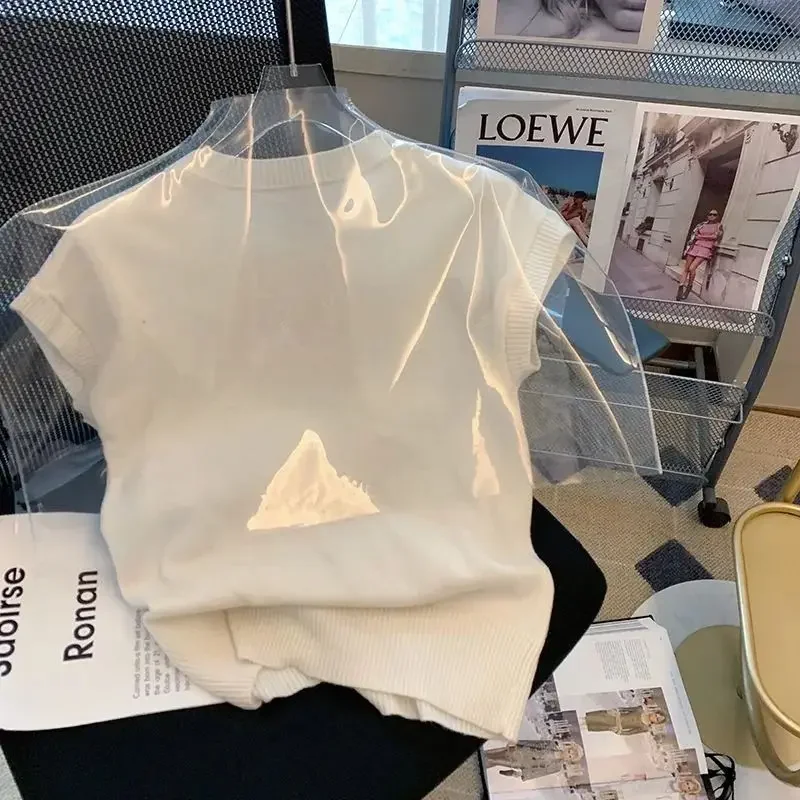 Summer White Knitted T-shirt Short Sleeve Knit Pullover Women Thin Sweater Print Design Tees Harajuku Tshirt Tops Women Clothing