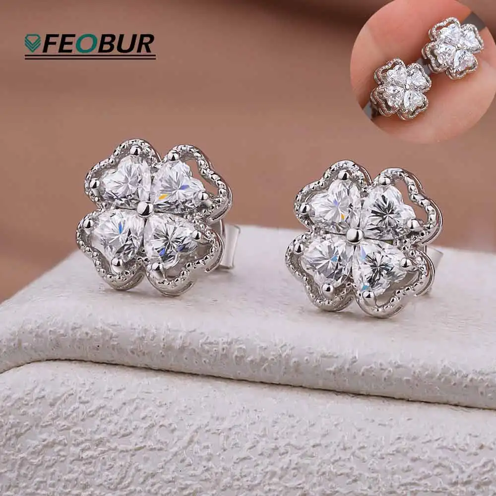 4-Steinige Herzschliff-Moissanit-Ohrstecker Kleeblumen 925 Sterling Silber Zertifizierte Labor-Diamant-Ohrringe Damenschmuck Geschenk