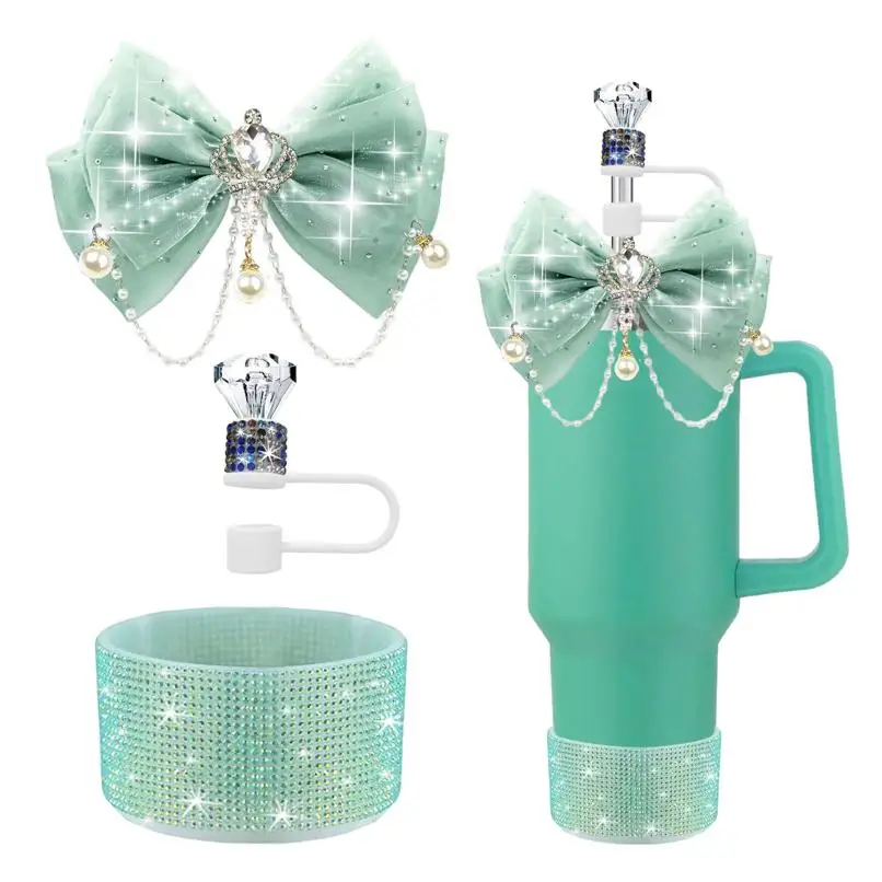 Bling Tumbler Accessories Set for Stanley, Glitter Bow Pearl Charm, Rhinestone Straw Cover, Sparkly Silicone Diamond Boot, for S