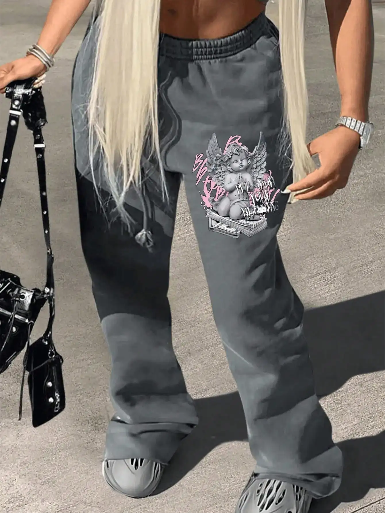 

Женские спортивные брюки с графическим принтом ангела, на шнурке на талии, свободного прямого кроя, для повседневной носки