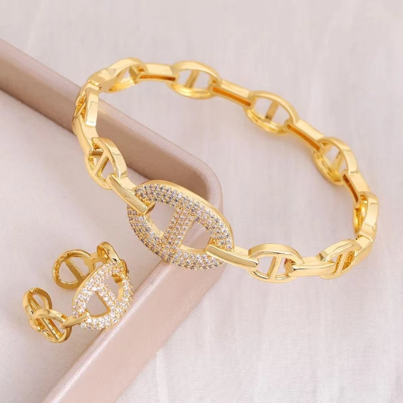 2026 New Pig Nose Jewelry Set Gold/Silver CZ Chain Bracelet & Stackable Open Ring Trendy Layering Accessory for Women