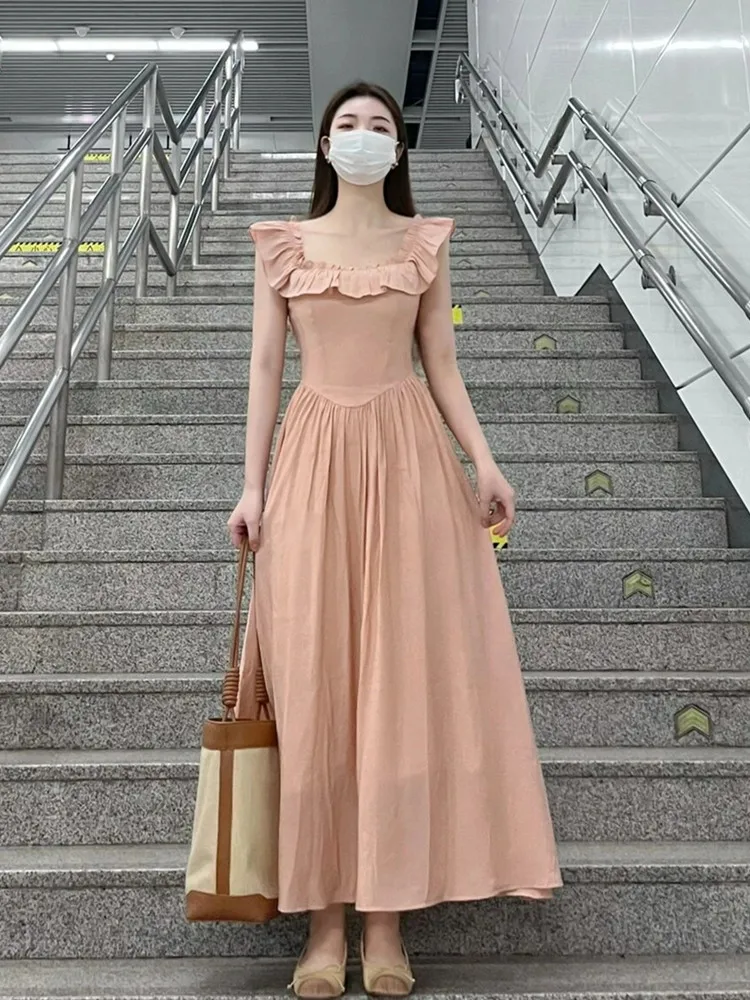 

Sweet Elegant Ruffle Sleeve Square Collar Dress Women Summer New Style Pink Waist Cinched Strap Long Dress Commute Korean Style