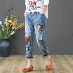 Women Jeans Pants Summer Vintage Floral Embroidery Casual High Waist Baggy Jeans Femme Light Blue Denim Harem Pants