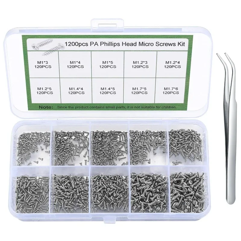 

1200Pcs Micro Self-Tapping Screws Kit Round Head Pan Head Screws Sunglasses Watch Repair Screws with Tweezers M1/M1.2/M1.4/M1.7