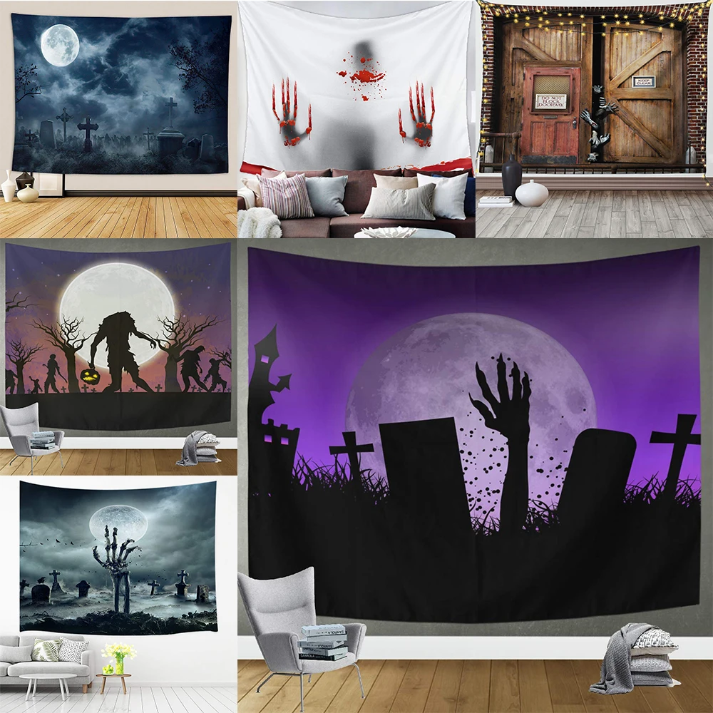 Zombie Tapestry Monsters Behind Wooden Doors Halloween  Fear Fantasy Wall Hanging Decoration Bedroom Living Room Dorm